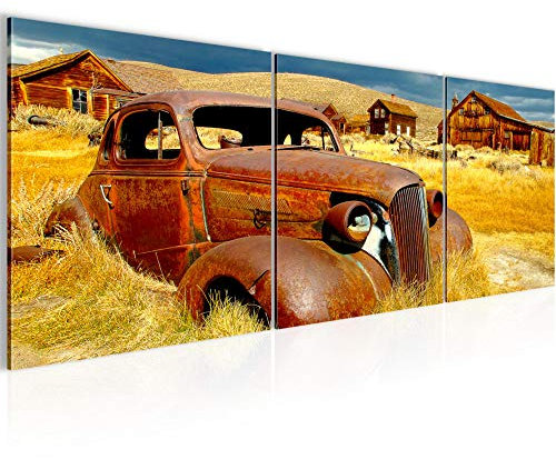 Runa Art - Bilder Auto Oldtimer 120 x 40 cm 3 Teilig Wandbild auf Vlies Leinwand Gelb Blau Mehrteilig Modern 602133a