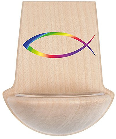 Fritz Cox® - Weihbecken aus Holz mit Regenbogen-Fisch Zeitloser Weihkessel mit christilchem Symbol & Kunststoffeinsatz (braun)