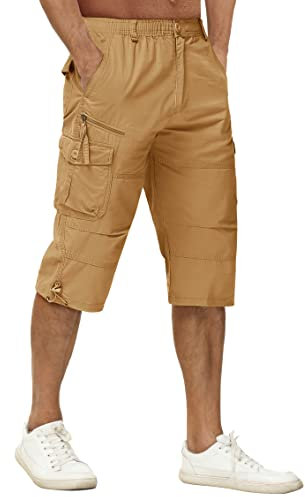 TACVASEN Herren Kurze Cargohose Baumwolle 3/4 Cargo Bermuda Shorts Outdoor Lässige Freizeitshorts mit Taschen (36, Khaki)