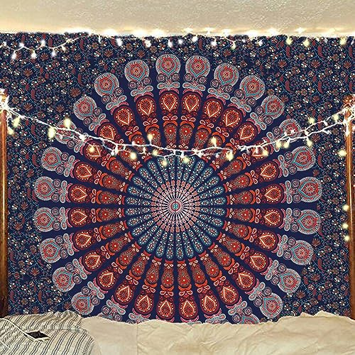 Bless International Handgefertigte indische Mandala-Wanddeko, Boho, psychedelisch, Pfauen, Stranddecke, Tischdecke, Bettüberwurf, Tapisserie, Doppelbett-Größe (Queen), 215 x 230 cm, Gold/Blau/Weiß