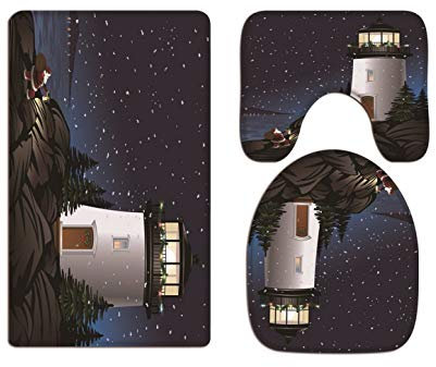 A.Monamour Badezimmer Badematte 3 Teilig Set Santa Claus Klettern Klippen Zum Leuchtturm Für Geschenke Frohe Weihnachten Kunst Flanell Saugfähig Badteppiche Badvorleger Badgarnitur Wc Vorleger