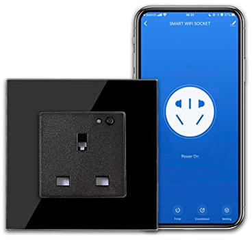 CNBINGO Smart WiFi Power Socket with Indicator, Black Wall Power Outlet | Smart Life App Control, Timer, Works With Alexa, Google Assistant, Black Glass Panel, AC 13Amp 230V