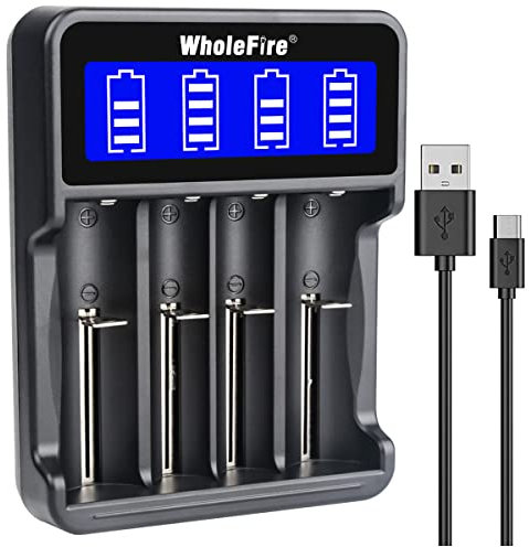 WholeFire 4 Slot Smart Battery Charger - LCD Display for Li-ion 18650, 26650 & More, Ni-MH/Ni-Cd A AA AAA Batteries