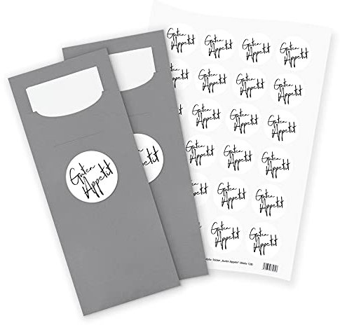 itenga 24x Bestecktaschen GRAU Guten Appetit Pochetten inkl. Serviette und Sticker Aufkleber Tischdeko Einweggeschirr