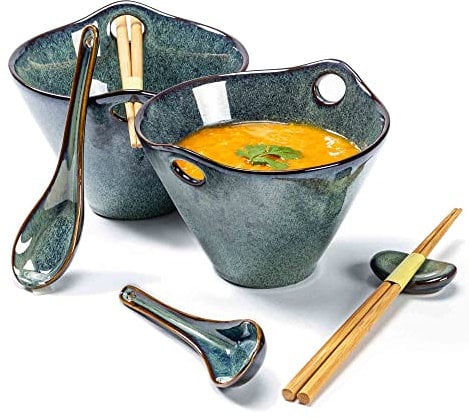 Cuencos Sopa, Cuenco de Fideos Vintage de 600 ml, Tazón Ramen de Porcelana con Cuchara y Palillos, Juego de Cuencos Ramen Japonés de 2 para Fideos Asiáticos Udon Soba Pho - Verde