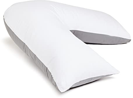 C Stores Large V Pillow with 2 Tone Pillowcase Extra Filled Cushioning Support for Head, Neck & Back – Non Allergenic (V Pillow with 2 Tone WHITE/GREY Cover)
