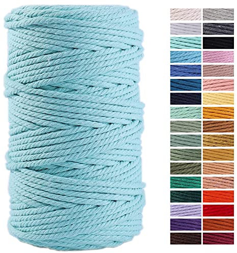Cordon en coton coloré pour macramé – 4 mm x 100 m – Ficelle pour suspension murale, suspension pour plantes, artisanat, tricot, projets décoratifs, bleu clair