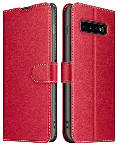 ELESNOW Hülle für Samsung Galaxy S10, PU Leder Klappbar Wallet Handyhülle Schutzhülle Tasche mit Kartenfach, Standfunktion, Magnetisch für Samsung Galaxy S10 Hüllen (Rot)