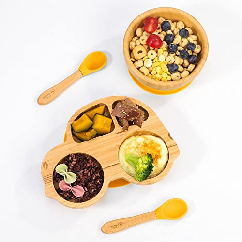 Vinsani Bamboo Car Plate Bowl and Spoon Set for Baby Toddler Kids Children, Suction Plate, Stay-Put Non-Slip Base Design, Hypoallergenic, Food-Grade Silicone and BPA-Free Baby Feeding Set (Yellow)