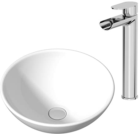 Round Countertop Basin Sink Ceramic Vessel Bowl Hand Washing Washbasin Bathroom Cloakroom Gloss White 280 x 280mm with Tall Basin Mixer Tap Bundle