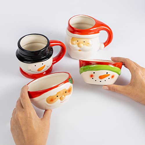 Christmas Mugs and Bowls Sets of 4 with Santa and Snowman Novelty Design for Hot Chocolate Tea Ceramic Coffee Mug Snacks Christmas Tableware Gifts