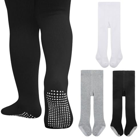 Durio Medias de algodón para bebé con tope antideslizante y caliente, leggings, 3 Pares Negro Blanco Y Gris, 6-12 Meses