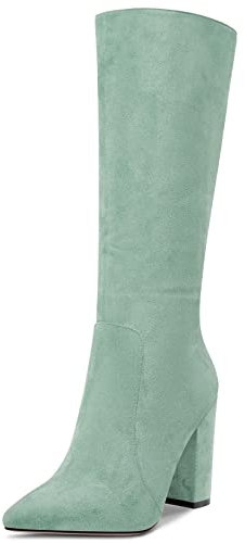Aachcol Donna Stivaletti Metà polpaccio Chiusa a Punta Chunky Blocco Alto High Tacco Heel Dress Scarpe Scamosciato Cerniera Sexy Turchese Verde 10 CM 35 EU