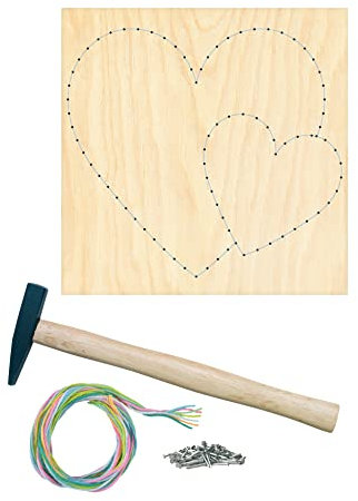 Pebaro NB6-SET Nagelbild Kreativ Set, Bastelset, Fadenbild, Fadenspannbild, String Art, mit vorgedrucktem Motiv Herz, inkl. Nägel, farbiges Garn und Hammer, Basteln mit Holz, Nagel und Fäden