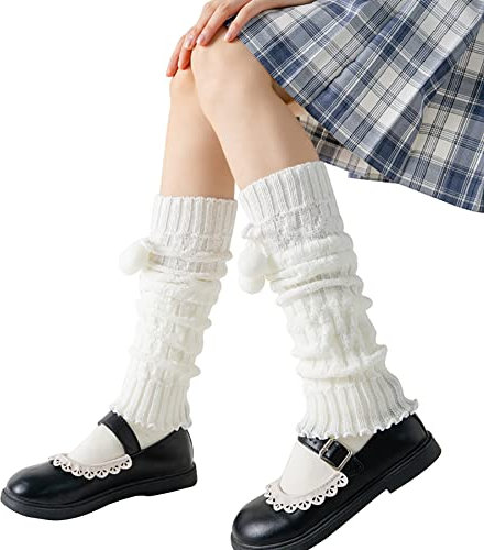 JIHUOO Knitted Leg Warmers Long Boot Socks Fashion Leg Sleeves Thermal Leg Socks Loose Stockings Footless Knee High Socks with Pom poms White