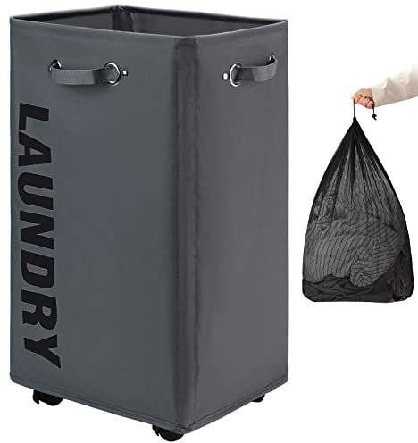 DOKEHOM 29-Inches X-Large Laundry Basket with Removable Wash Bag on Wheels, Collapsible Rolling Laundry Hamper, Foldable Clothes Organizer, Folding Washing Bin (Dark Grey)