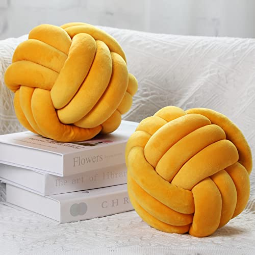 Namalu 2 Pcs Soft Knot Pillow Ball, Decorative Round Throw, Soft Knotted Plush Pillows, Handmade Stuffed Ball Pillows Cushion for Bedroom Sofa Couch Home Decor(7.87 Inches,Ginger Yellow)