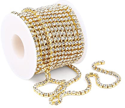 Strass Borte Band 10m 2mm Kristall Rhinestones Diamant Strass Borte Band Strassband Glitzerband zum Aufnähen Trimmen Klaue Kette Nahen Handwerk für DIY-Dekoration(1 Rolle 10m, 2mm Breit, Gold)