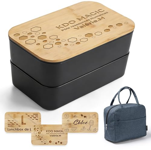KDO MAGIC - Lunchbox personalisiert - Vorname eingraviert - Anpassbare Abdeckung - Essensbox - Doppelböden - Geschenkidee zum Muttertag, Geburtstag (Motiv: Großbuchstabe, schwarz)