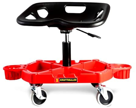 Chaise de Garagiste, Tabouret Kraft Muller, pivotant sur roulettes, Supports de rangements pour bidons, Outils, Charg Max. 150Kg