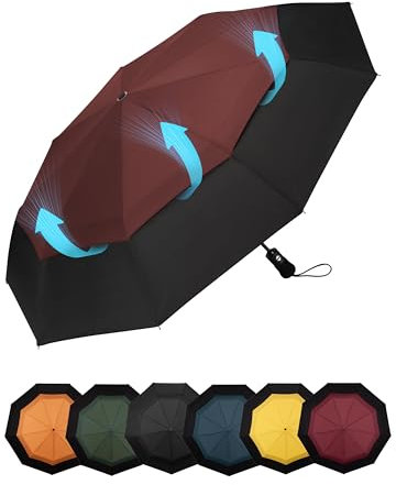Chakipee Parapluie Pliant Compact - Parapluie Homme Automatique Resistant Vent, Parapluies Rouge de Voyage Portables, Auvent à Double Ventilation Tissu 210T, Portée 102 cm, 9 Sections
