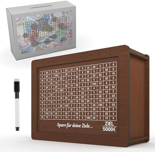 Spardose aus Holz mit Sparziel, Fertig Montiert, Wiederverwendbare Sparbox mit Zahlen, Geldkassetten/Sparbüchse für Erwachsene & Kinder zum Ankreuzen,Sparschwein mit Folienstift kakeibo Technik