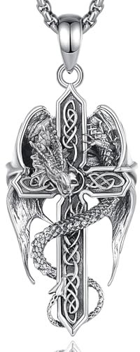 INFUSEU Drachen Kette, Wikinger Kreuz Halskette für Männer Frauen 925 Sterling Silber Drachenschwert Kreuz Anhänger Gotischer Wikinger Schädel Keltischer Schmuck Geschenke für Jungen Mädchen