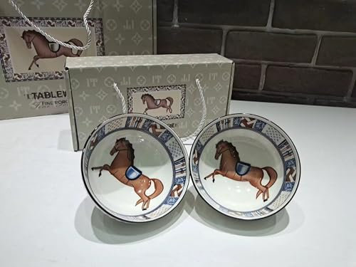 electromax Ceramic Serving Bowls, Chinese Rice Bowl with Gift Box, Japanese Pottery Bowls, Porcelain Serving Bowls for Rice, Soup, Dessert, Snack, 10oz/300ml, (2Pcs Set, Horses)