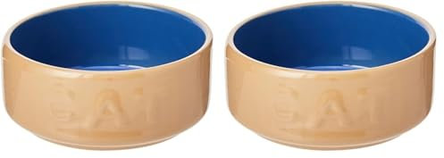 Mason Cash Cane & Blue Lettered Stoneware Cat Bowl, 12 cm (Pack of 2)