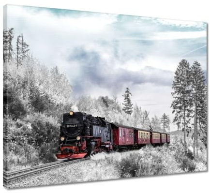 Gemälde gedruckt auf Leinwand Wandkunst Dekor 50x40cm Zug in Winterlandschaft Nr. H8402M_PC1R