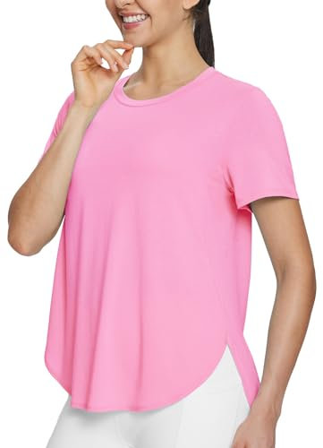 baleaf Damen Kurzarm Workout Tops Loose Fit Gym Sport Yoga Laufhemd Leicht Schnell Dry Side Split Rosa M