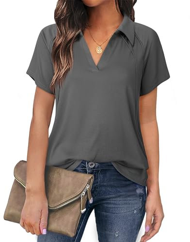 Damen Bluse, Damen Bluse Kurzarm Elegant Bluse für Damen Business Bügelfrei Damenblusen Dunkelgrau Arbeit Shirt Damen V-Ausschnitt Locker Oberteile Lang Mode 2024 Damen Sommer Arbeitsbluse