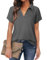 Damen Bluse, Damen Bluse Kurzarm Elegant Bluse für Damen Business Bügelfrei Damenblusen Dunkelgrau Arbeit Shirt Damen V-Ausschnitt Locker Oberteile Lang Mode 2024 Damen Sommer Arbeitsbluse