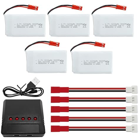 sea jump 5PCS 3.7V 1200mAh 30C Lipo Battery RC Drone Battery with 5in1 Charger JST Plug Suitable for MJX T04 T05 T25 V2400HD V2450FPV V2450GPS X900 X9TW RC Quadcopter Battery