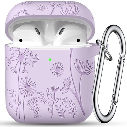 Maledan Blume Gravierte Hülle Kompatibel mit AirPods, Weich Elegant Silikon Stoßfest Hülle für Airpods 2 & 1 Generation Schutzhülle Case mit Karabiner [Front LED Sichtbar] für Damen, A-Lavendel