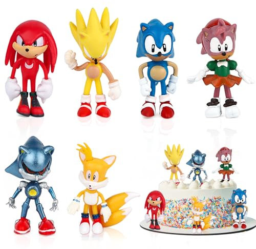 Powmag Tortendeko, 6 Stück Sonic Figur Spielzeug, Geburtstag Deko, Tortenaufsatz oder Tortendekoration, Mini Tortenfiguren für Kinder