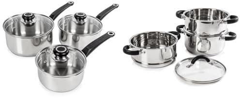 Morphy Richards 970003 Equip 3-Piece Pan Set, Stainless Steel & Tower T80836 Essentials Induction Steamer Pans 3 Tier with Glass Lid, Silicone Handles
