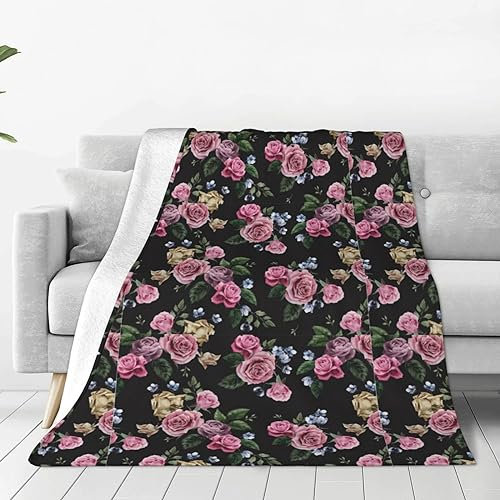 Schwarze schwarze Fleecedecke mit Rosenmuster, warme Decke für Couch, ultraweiche Micro-Fleece-Decke, verschiedene Größen