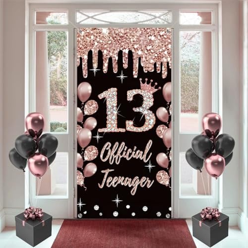 13. Geburtstag Dekorationen für Mädchen, Rosegold Hintergrund Tür Banner, 180 cm x 90 cm, Happy 13 Years Old Schild