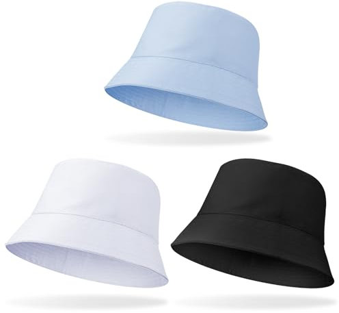 Yamitora 3 Stück Fischerhut Damen Bucket Hat Sommer Anglerhut Faltbar Sonnenhut Leicht Sommerhut Fischerhüte für Damen Camping Wandern 56-58 cm,Baumwolle Weiß Schwarz Blau