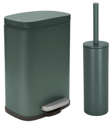 Spirella - Set Poubelle à Pédale + Brosse WC en Acier AKIRA - Fermeture Douce Easy-Close, Anti Trace de Doigts - 21,4 x 17,6 x 30 cm - 5L - Vert Foncé Mat