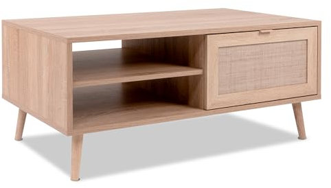 KHG Couchtisch hell-braun mit Schublade modern Eiche-Optik, Beistell-Tisch aus Holzwerkstoff Rattan-Optik, Gestell aus Massivholz - 100 x 46 x 60 cm (B/H/T)