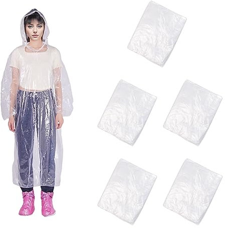 Shengxi Lot de 5 Poncho de Pluie Transparent Ponchos Pluie à Capuche Jetable pour Femmes et Hommes Cape de Pluie Réutilisable pour Randonnée Vélo Camping et Voyages