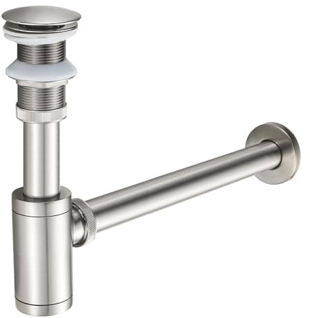 KEOKBON Sifón y válvula de desagüe con rebosadero, sifón para baño, sifón de lavabo, níquel cepillado