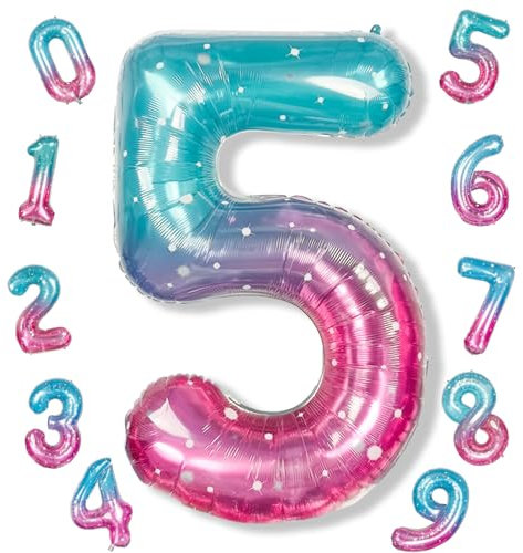 101cm Blau Rosa Luftballon Zahl 5, 40 Groß Meerjungfrau Folienballon Zahlen 5, XXL Lila Türkis Stearn Zahlenballon 5. Geburtstag für Mädchen, Helium 5 Ballon zum Geburtstagsdeko Jubiläum Party Deko