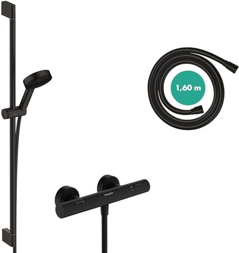hansgrohe Pulsify Select S - wassersparendes Duschset mit Thermostat Ecostat Fine, Duschthermostat mit Duschkopf 8,2 l/min (EcoSmart), Duschstange 90cm, Schlauch und Halterung, Mattschwarz, 24261670
