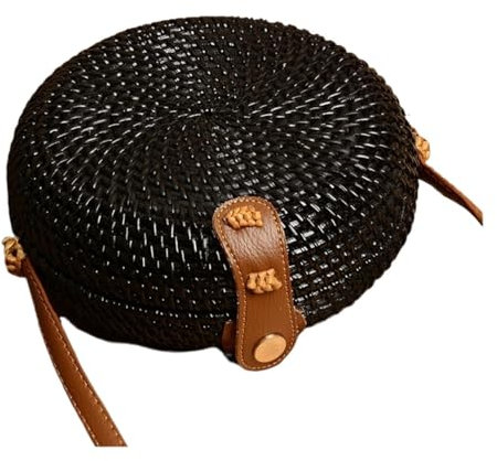 QiaoJun Korbtasche,Korbtaschen Damen Rattan Handtasche Schulter Kreuzfarbstoff Kleine runde Lederschnalle Schwarzweiss-Party-Tasche Hand-gewebte Tasche(3)