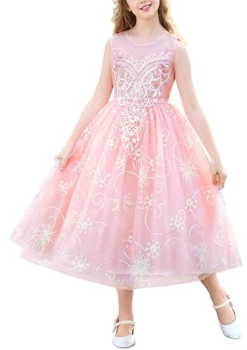 IDOPIP Enfant Fille Les Sequins Broderie Tulle Longue Robe Demoiselle d'honneur Fille Fleur Mariage La Fête Bal Officiel Soirée Anniversaire Rose 160 (11-12Y)