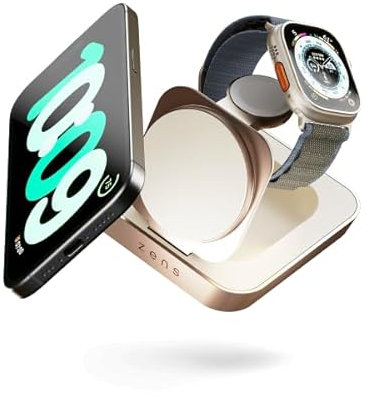 Zens Nightstand Magnetic Wireless Charger Pro 2, Chargeur sans Fil de 15 W Compatible avec MagSafe et Qi2 pour iPhone, Apple Watch, AirPods, Adaptateur Secteur de 20 W (EU,UK,US), Cuivre