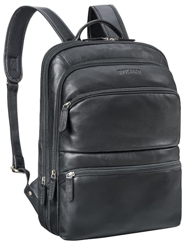 STILORD Giuseppe Schmaler Laptop Rucksack Leder 15,6-16 Zoll Business Rucksack Herren Vintage Lederrucksack Damen DIN A4 Ordner Arbeitsrucksack Echtleder Farbe:schwarz